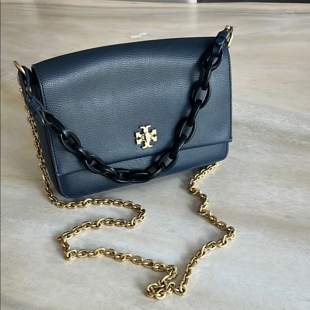 Tory Burch Navy Crossbody Bag with two chains, gold and black each removable